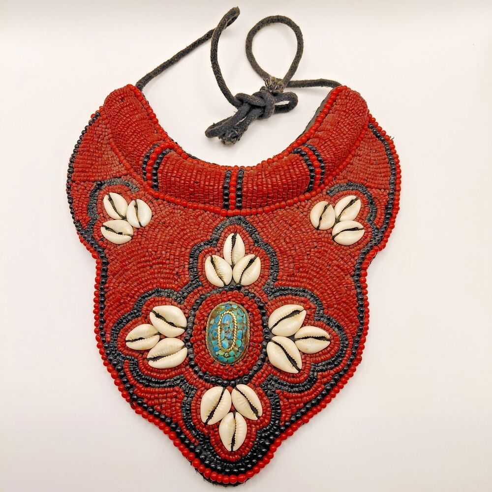 Vintage Tribal Necklace Tibetan Bib Collar Red